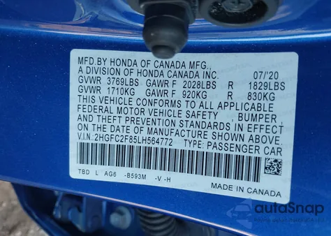 2020 Honda Civic Sport from USA, damaged, VIN 2HGFC2F85LH564772